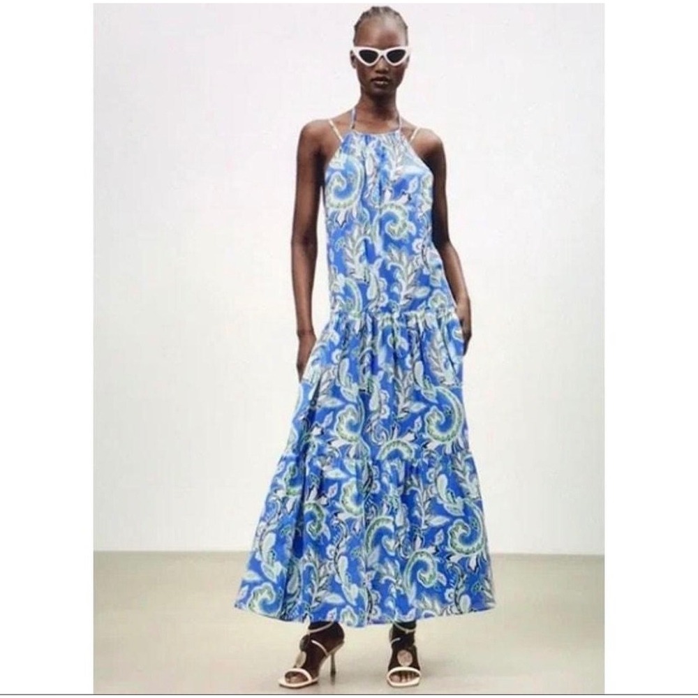 Zara Paisley Ikat Halter Midi Dress Womens XS Blue Boho Tiered Cotton Summer